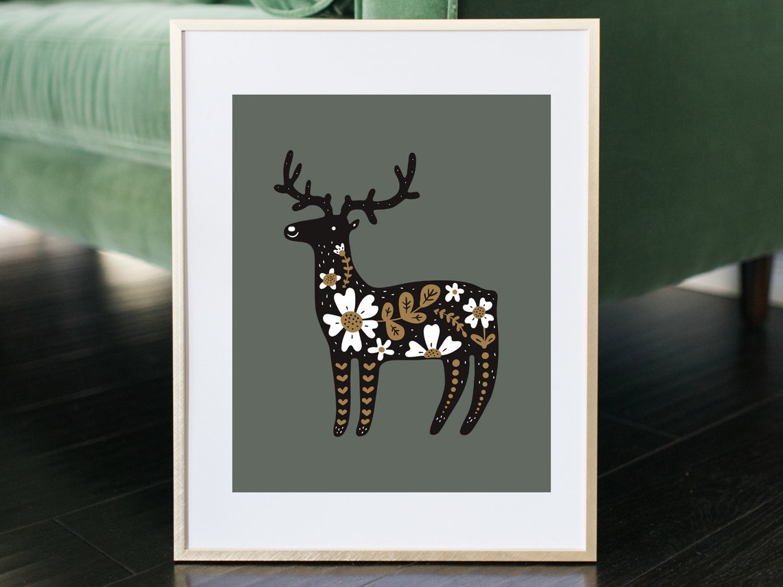 Floral Deer Silhouette Scandinavian Folk Art Woodland Poster - Image 3