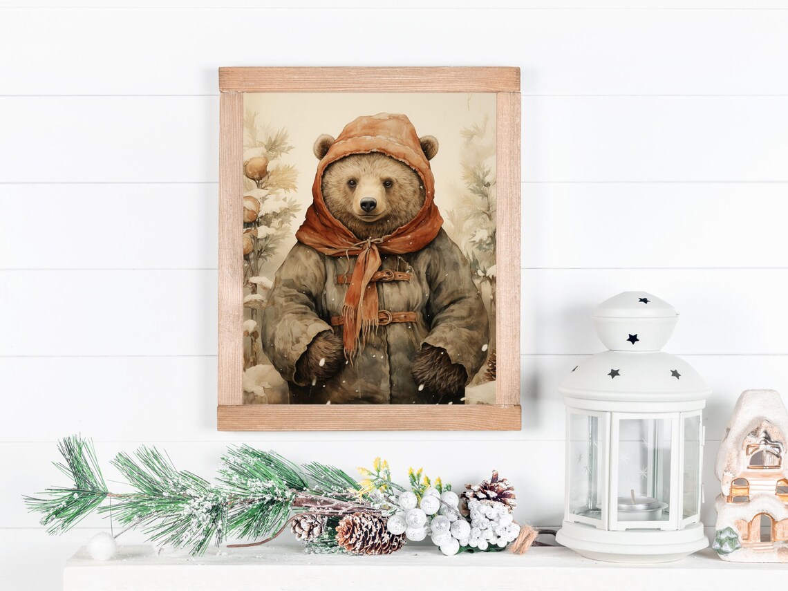 Brown Bear In Winter Coat Orange Hood Snowy Forest Nursery Art Poster - Image 2