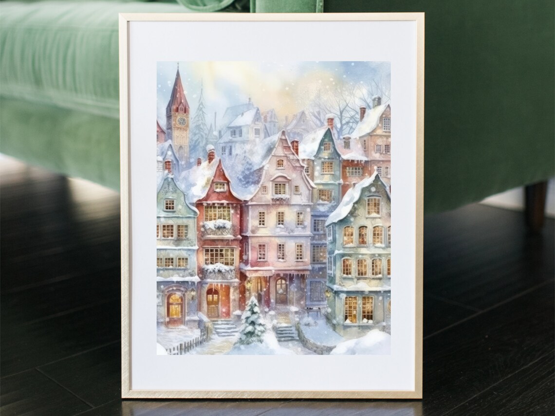 Snowy Old Town Watercolor Cityscape Winter Holiday Decor Poster - Image 4