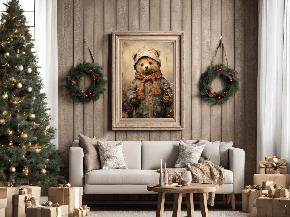 Woodland Bear Cub Winter Coat Poster Vintage Rustic Nursery Room Decor - Image 4
