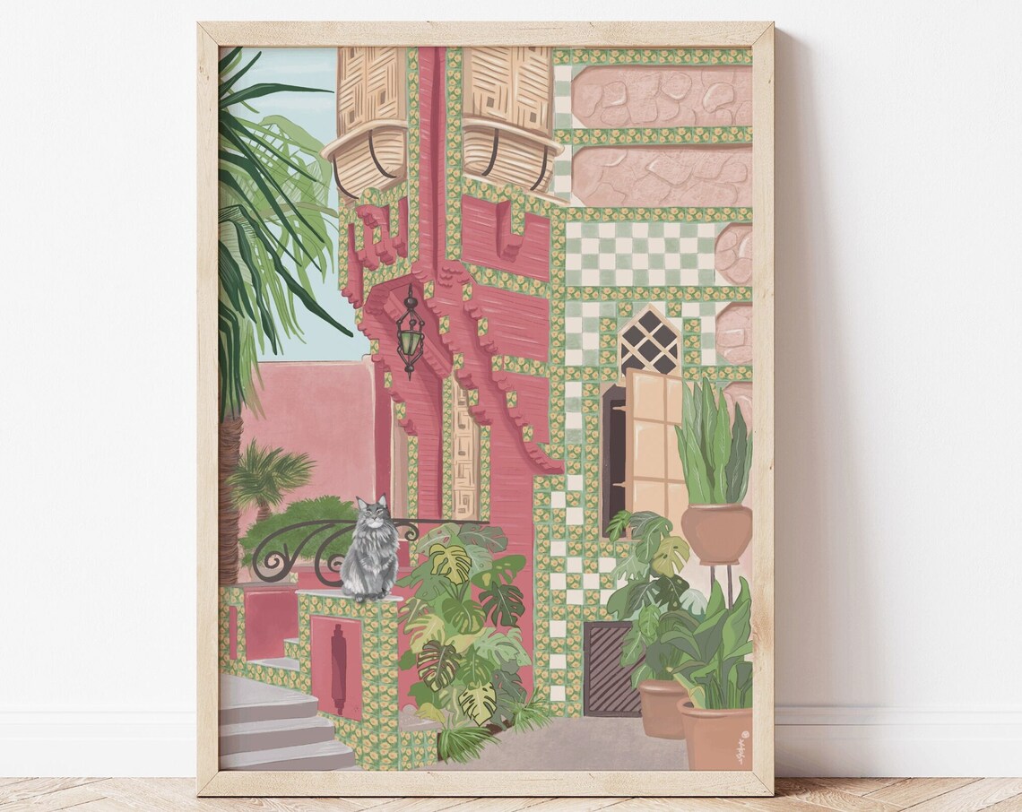 Barcelona Gaudi Mosaic Pink Building Grey Cat Monstera Plants Poster