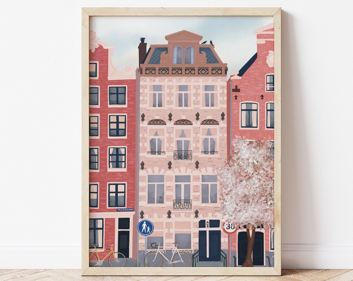 Amsterdam Pink Brick Townhouses Bicycles Blossom Tree Street Poster