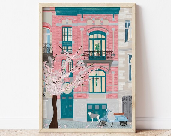 Brussels Pink Townhouse Blooming Tree Blue Scooter Dog Spring Poster
