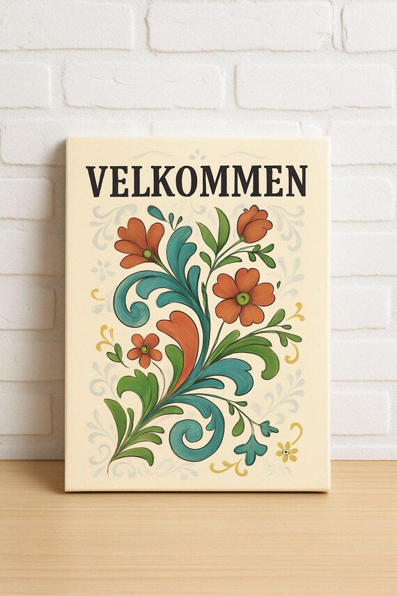 Velkommen Scandinavian Folk Floral Welcome Sign Rosemaling Style Poster