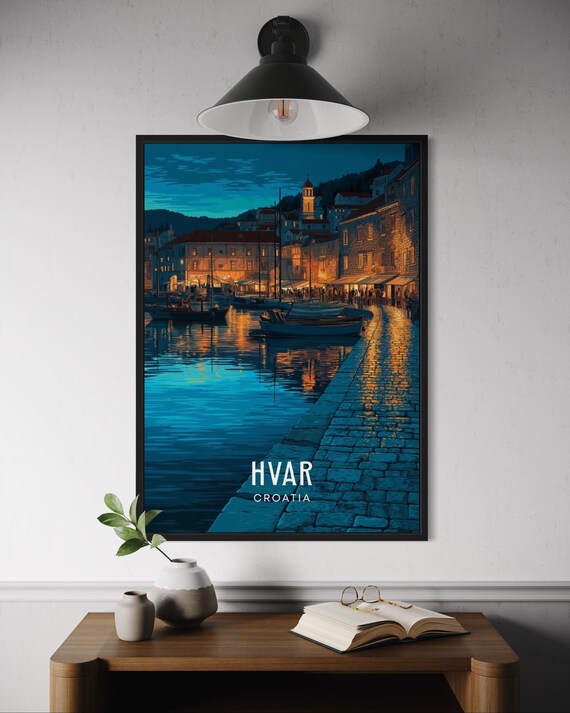 Hvar Croatia Night Harbor Lights Waterfront Old Town Travel Poster