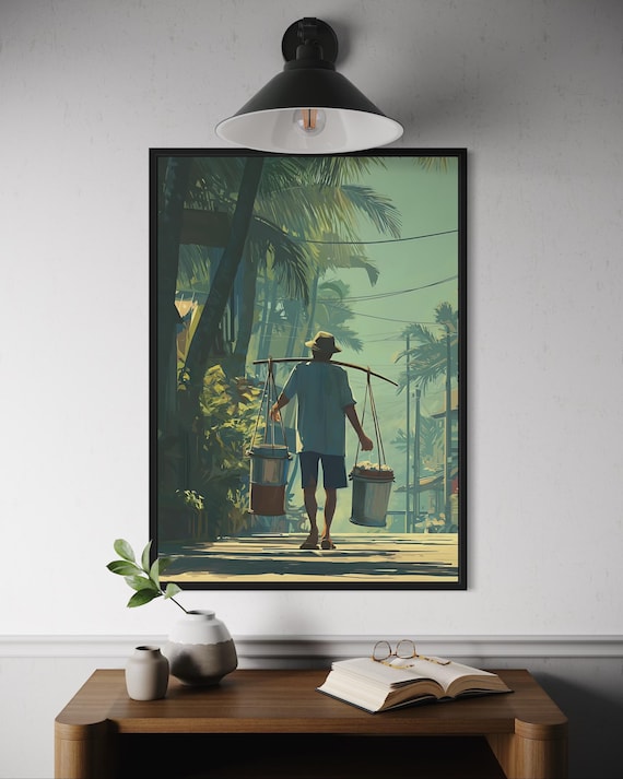 Street Vendor Shoulder Pole Buckets Palm Trees Travel Poster