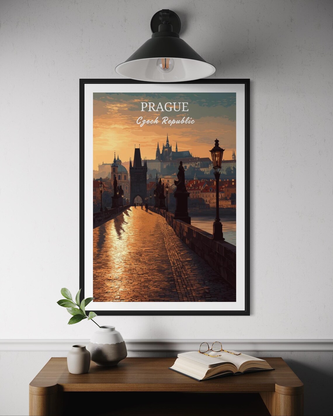 Prague Czech Republic Charles Bridge Sunset Gothic City Romantic Art Poster