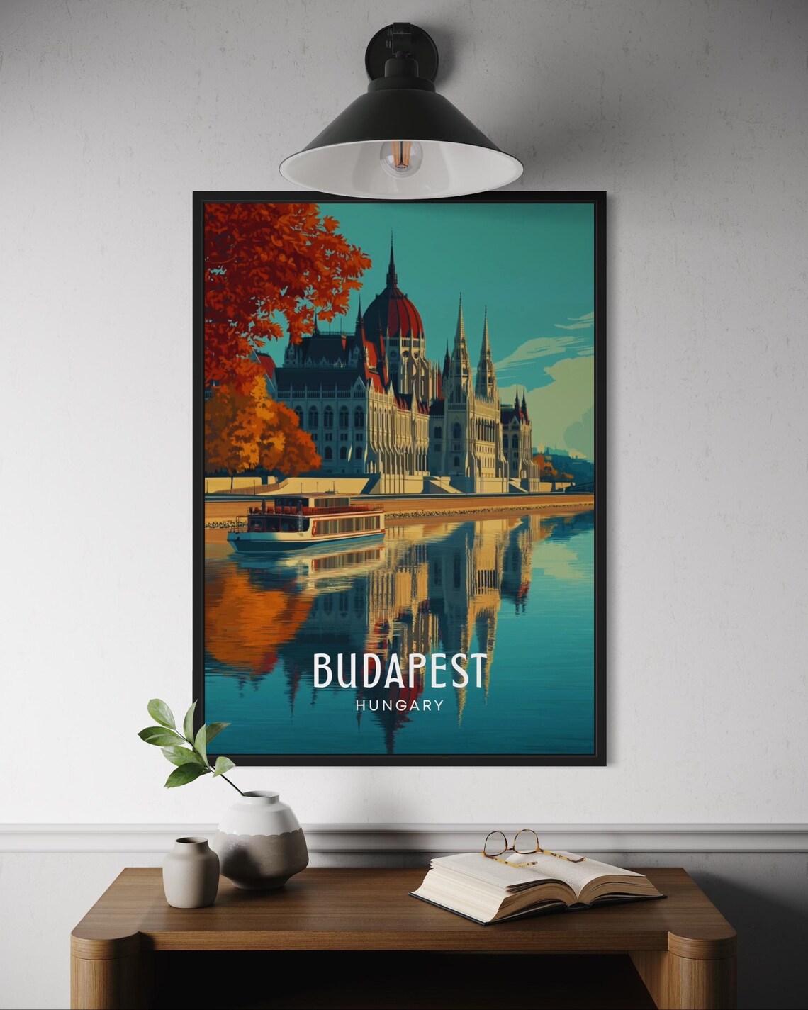 Budapest Hungary Parliament Building Danube Reflection Autumn Travel Poster