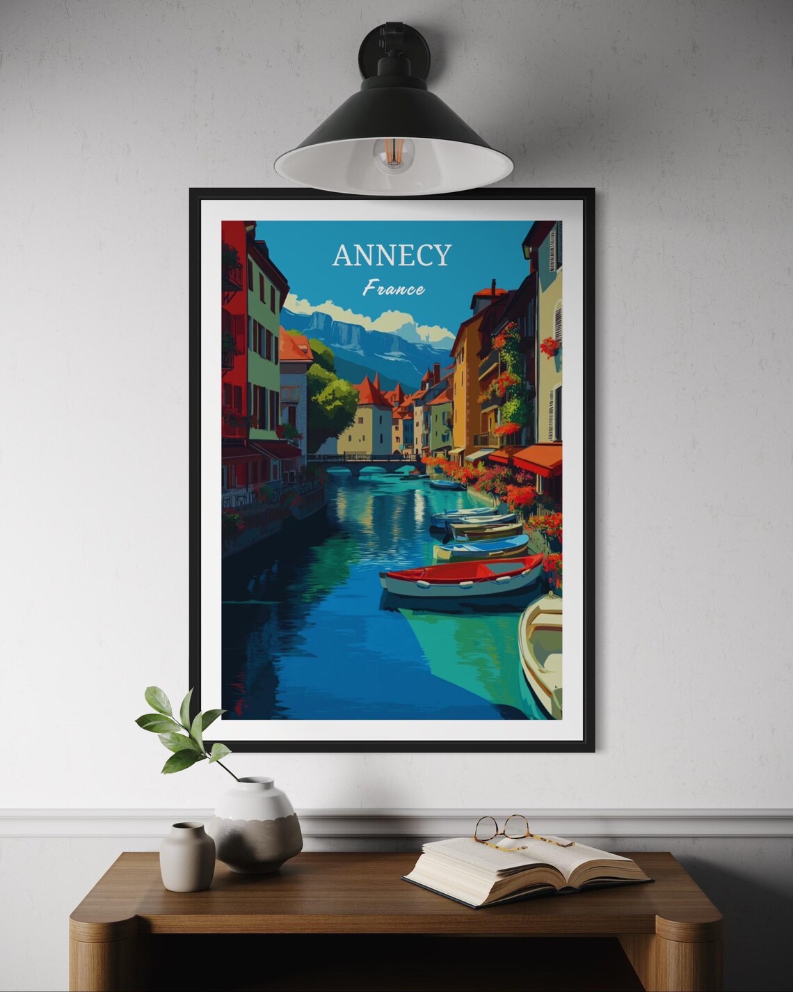 Annecy France Canal Boats Colorful Houses Mountain View Poster