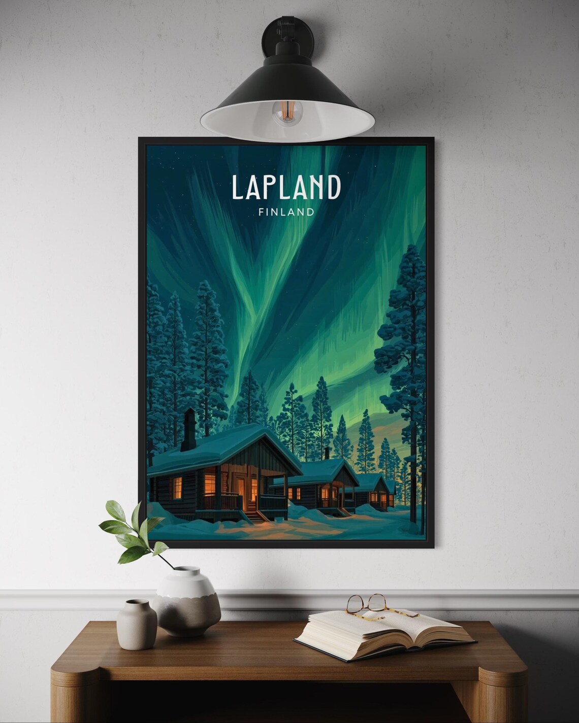 Lapland Finland Travel Poster Northern Lights Arctic Cabin Winter Night Art
