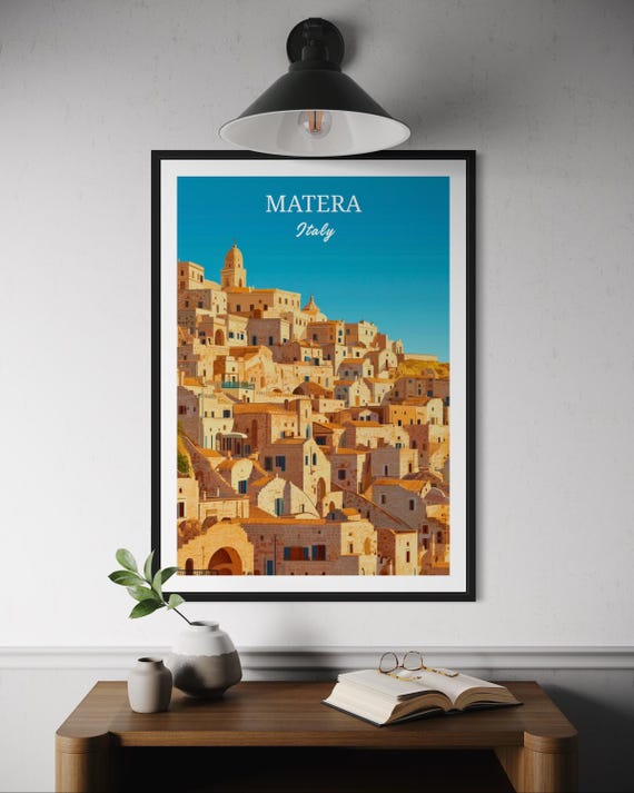 Matera Italy Wall Art Print Rustic Stone Cityscape Poster Italian Travel Decor Southern Architecture Illustration