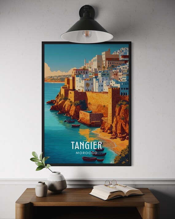Tangier Morocco Travel Poster Medina Wall Art Strait Gibraltar Print North Africa Cityscape Coastal Artwork Moroccan Home