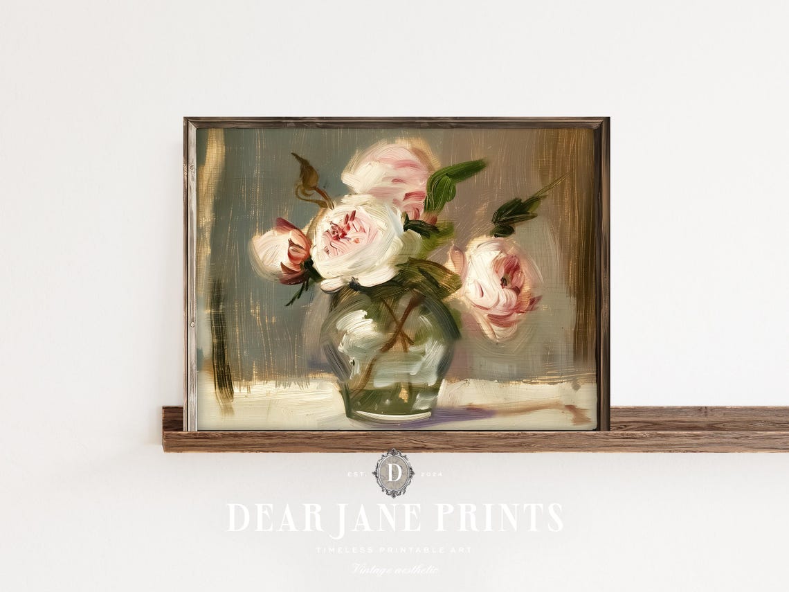 Pale Pink Roses in Glass Vase Muted Impressionist Floral Still Poster