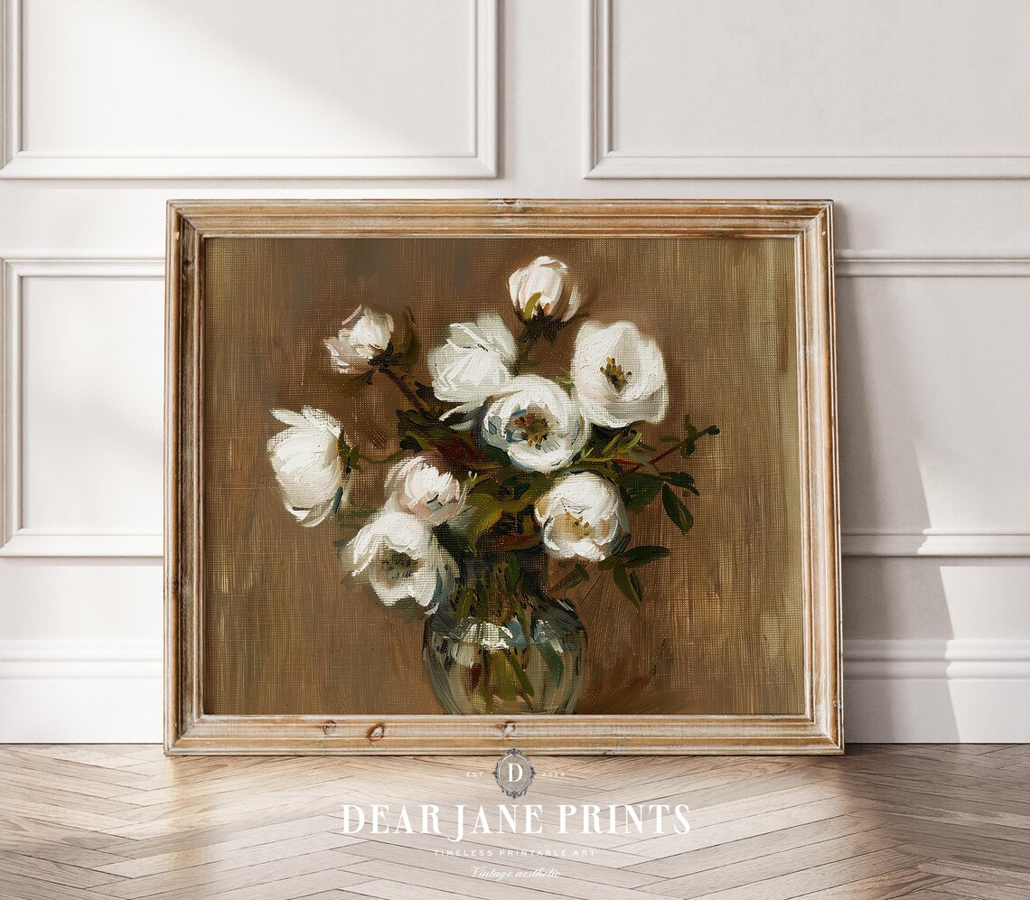 White Peonies in Glass Vase Brown Moody Classic Floral Still Poster - Image 2