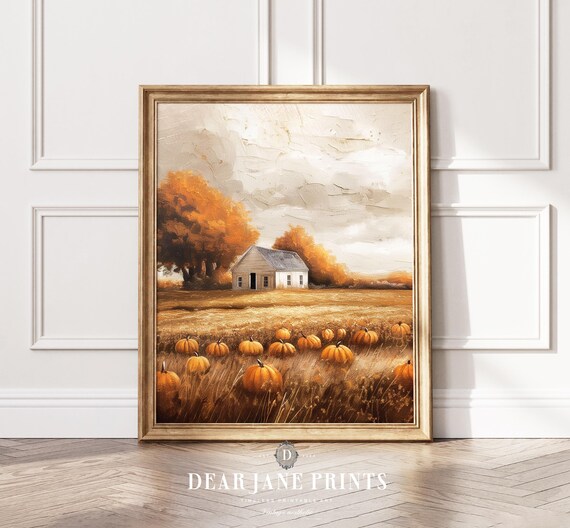 Autumn Pumpkin Field With White Farmhouse In Golden Light Poster
