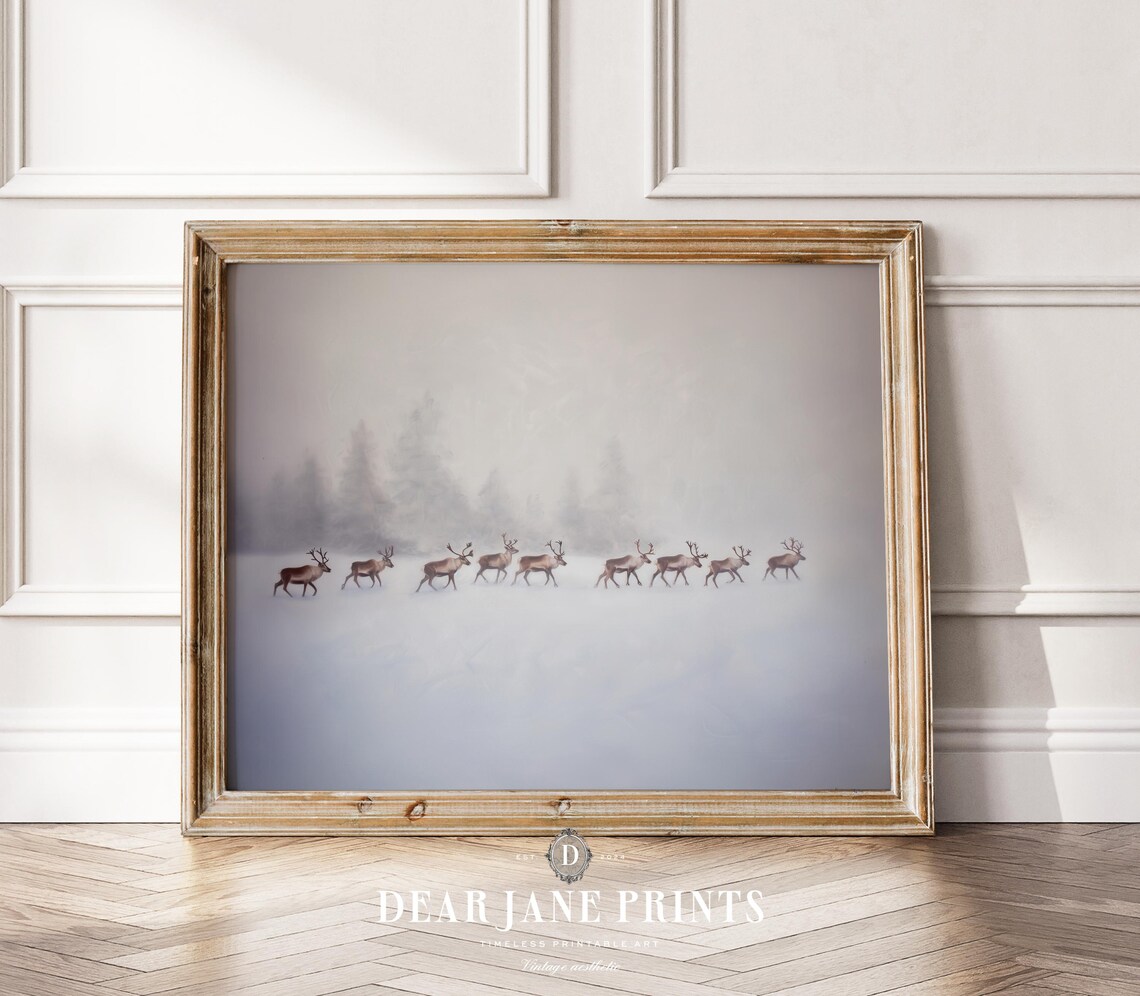 Herd Of Nine Reindeer Walking Through Snowy Whiteout Fog Poster
