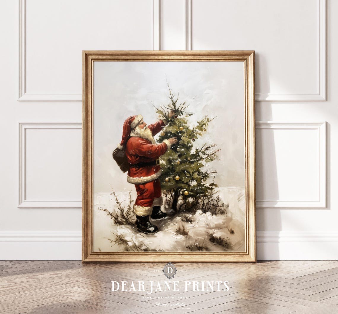 Santa Claus Decorating An Evergreen Tree Outdoors In The Snow Poster - Image 2