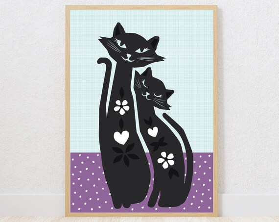 Black Cat Retro Cat Art Print