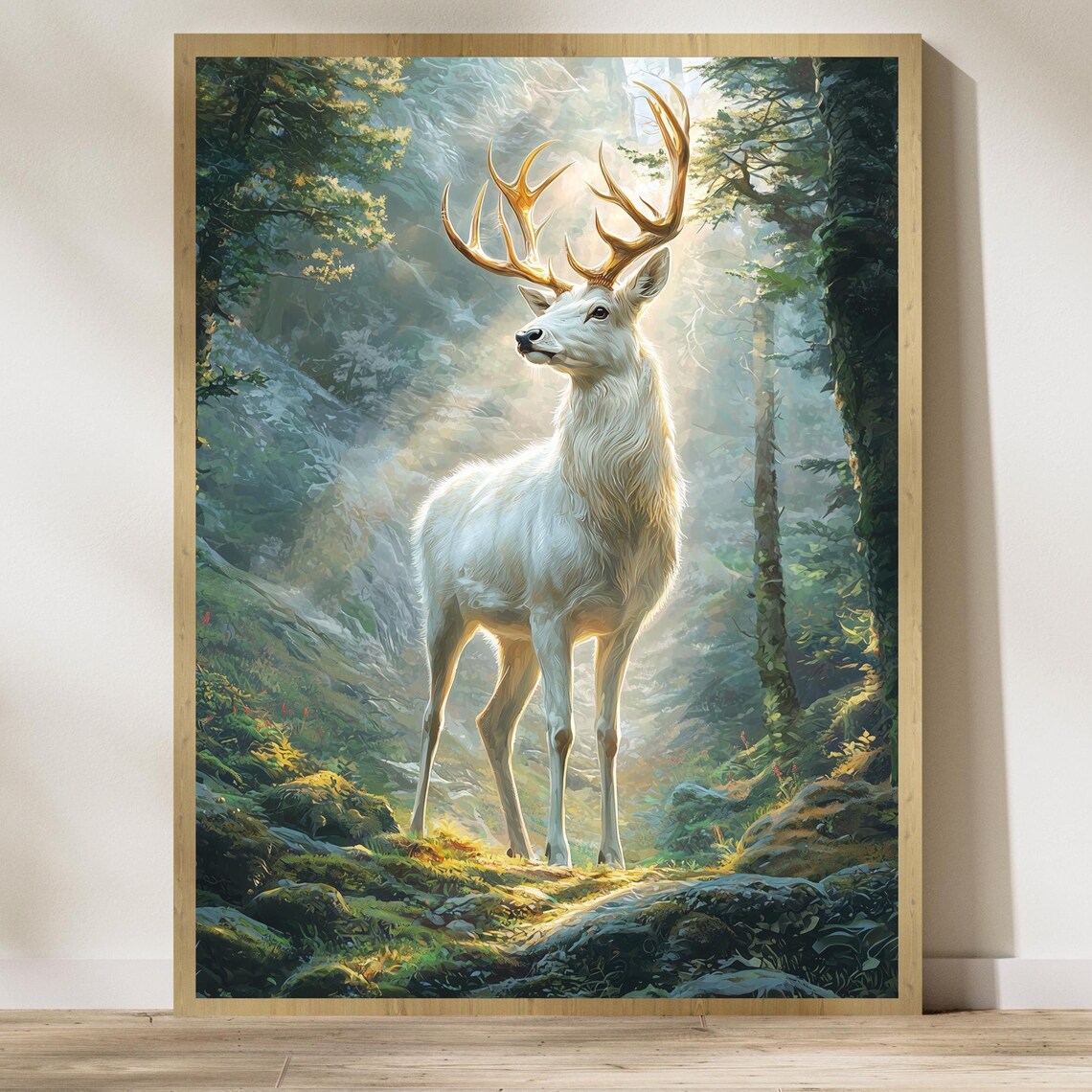 Majestic White Stag with Golden Antlers in a Sunlit Forest Poster