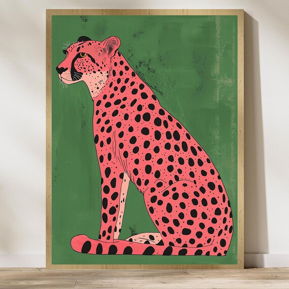 Vibrant Pink Cheetah On Green Background Modern Pop Art Poster