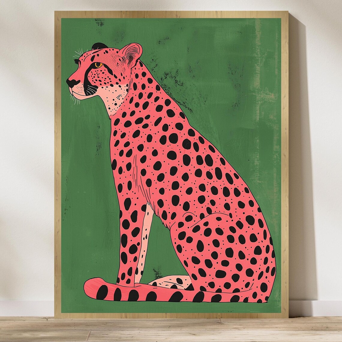 Vibrant Pink Cheetah On Green Background Modern Pop Art Poster