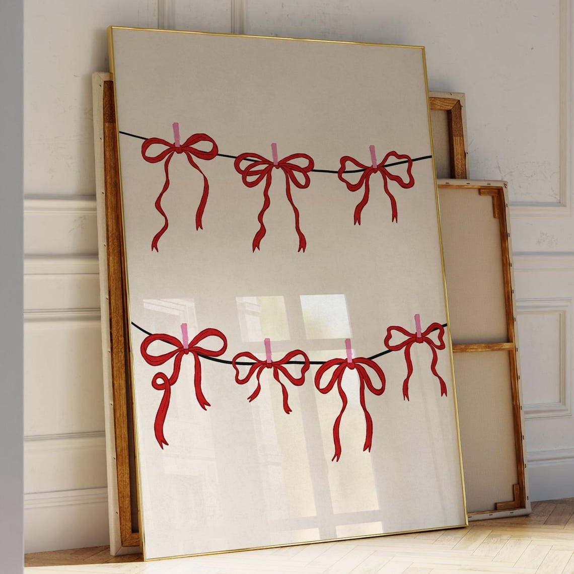 Red Bows on Clothesline Minimalist Preppy Ribbon Decor Poster