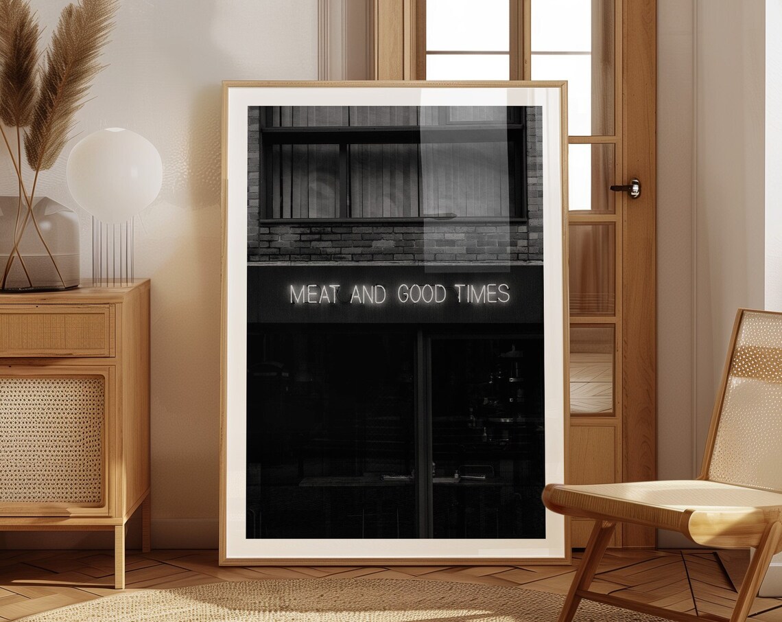Meat And Good Times Neon Sign Photo Butcher Shop Monochrome Poster