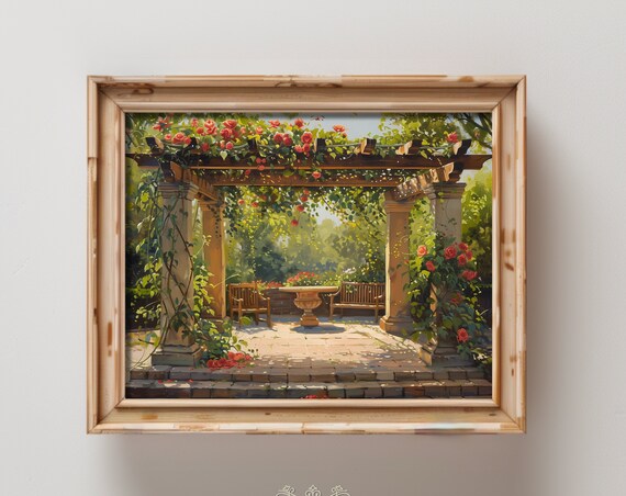 Countryside Garden Landscape Oil Painting Art Print Rustic Pergola Botanical Vintage Flowers Vines Romanesque Hta059