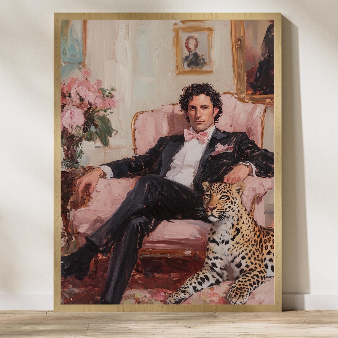 Gentleman In Tuxedo With Leopard Classic Oil Painting Style Poster