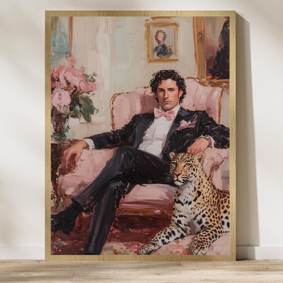 Gentleman In Tuxedo With Leopard Classic Oil Painting Style Poster