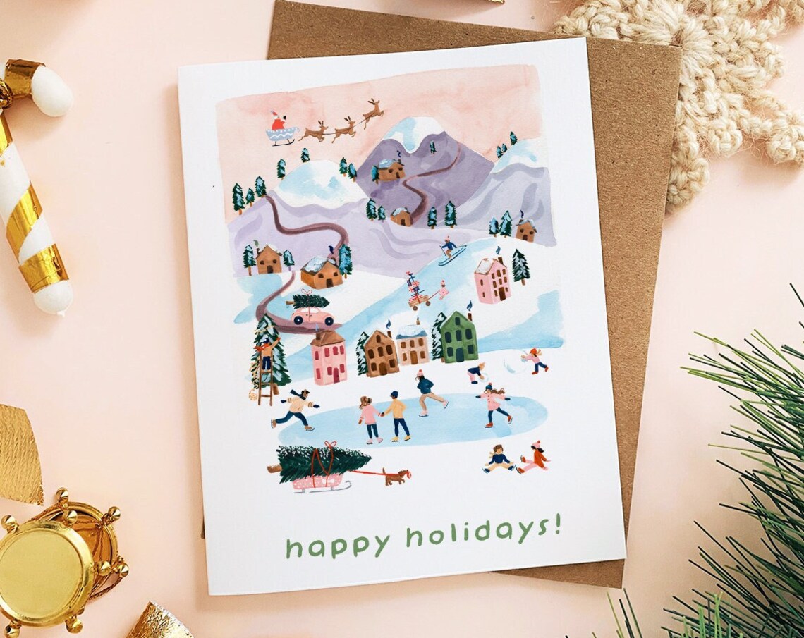 Happy Holidays Snowy Mountain Village Skaters Santa Sleigh Card Print
