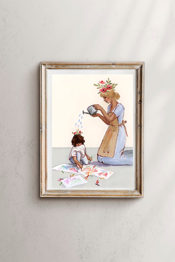 Mother Watering Flowers Toddler Child Watercolor Nursery Art Poster