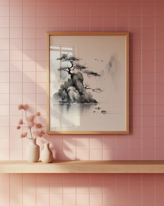 Japanese Ink Landscape With Bonsai Tree Minimalist Sumie Style Wall Art Zen Nature For Meditation Room Or Office