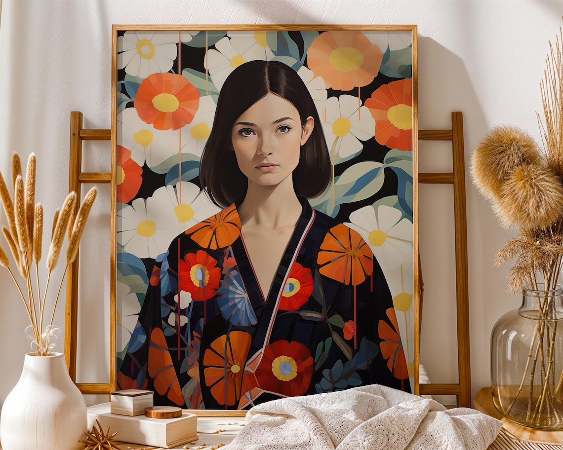 Floral Kimono Portrait Art Print, Modern Boho Woman