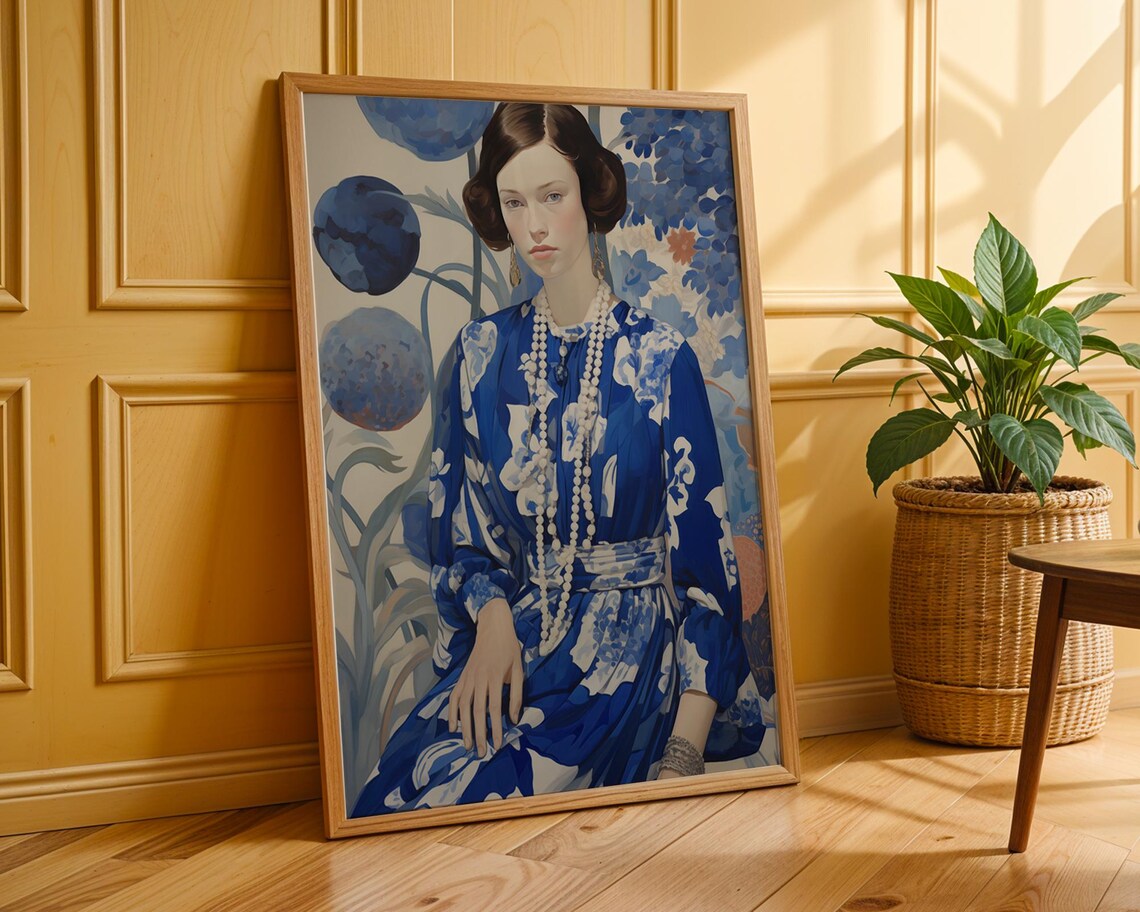 Woman in Blue Floral Dress Pearl Necklace Vintage Portrait Art Poster