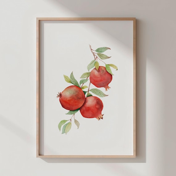 Watercolor Pomegranate Branch Botanical Fruit Illustration Wall Art