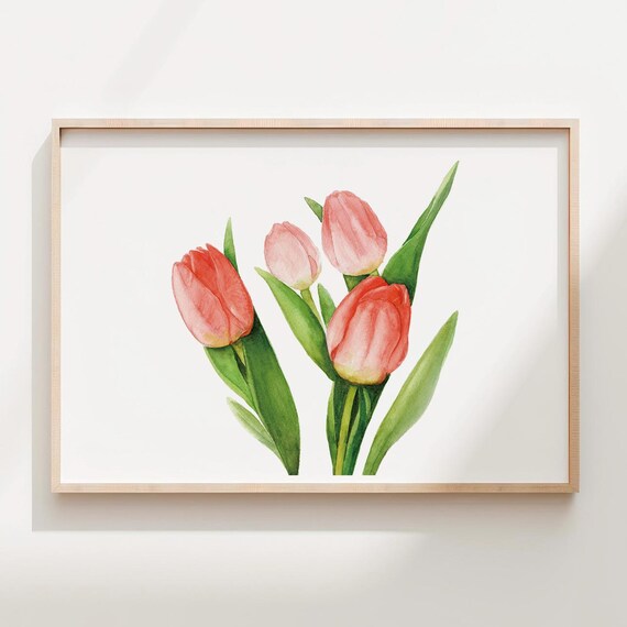 Pink Tulip Watercolor Print Minimalist Floral Wall Art