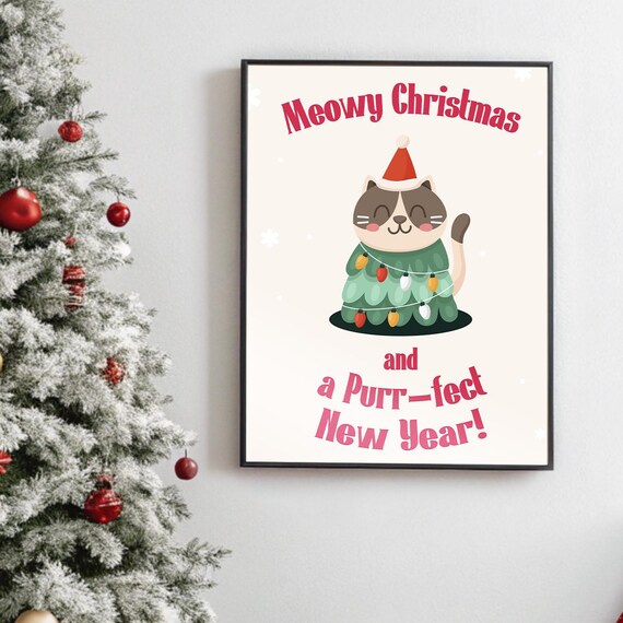 Meowy Christmas Cat Dressed As Christmas Tree Pun Art Poster