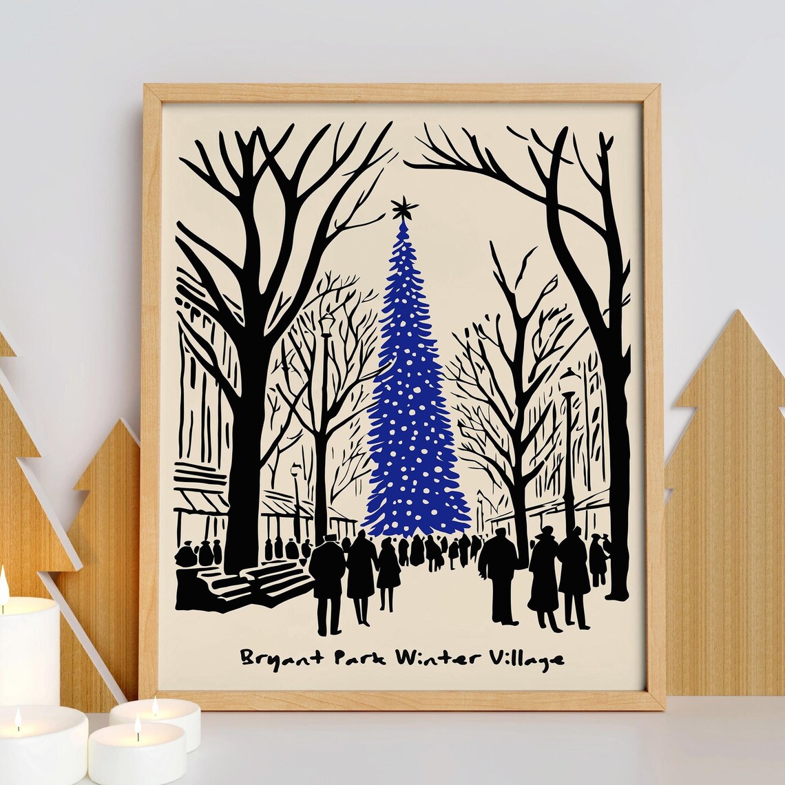 Bryant Park Winter Village Blue Christmas Tree NYC Holiday Art Poster