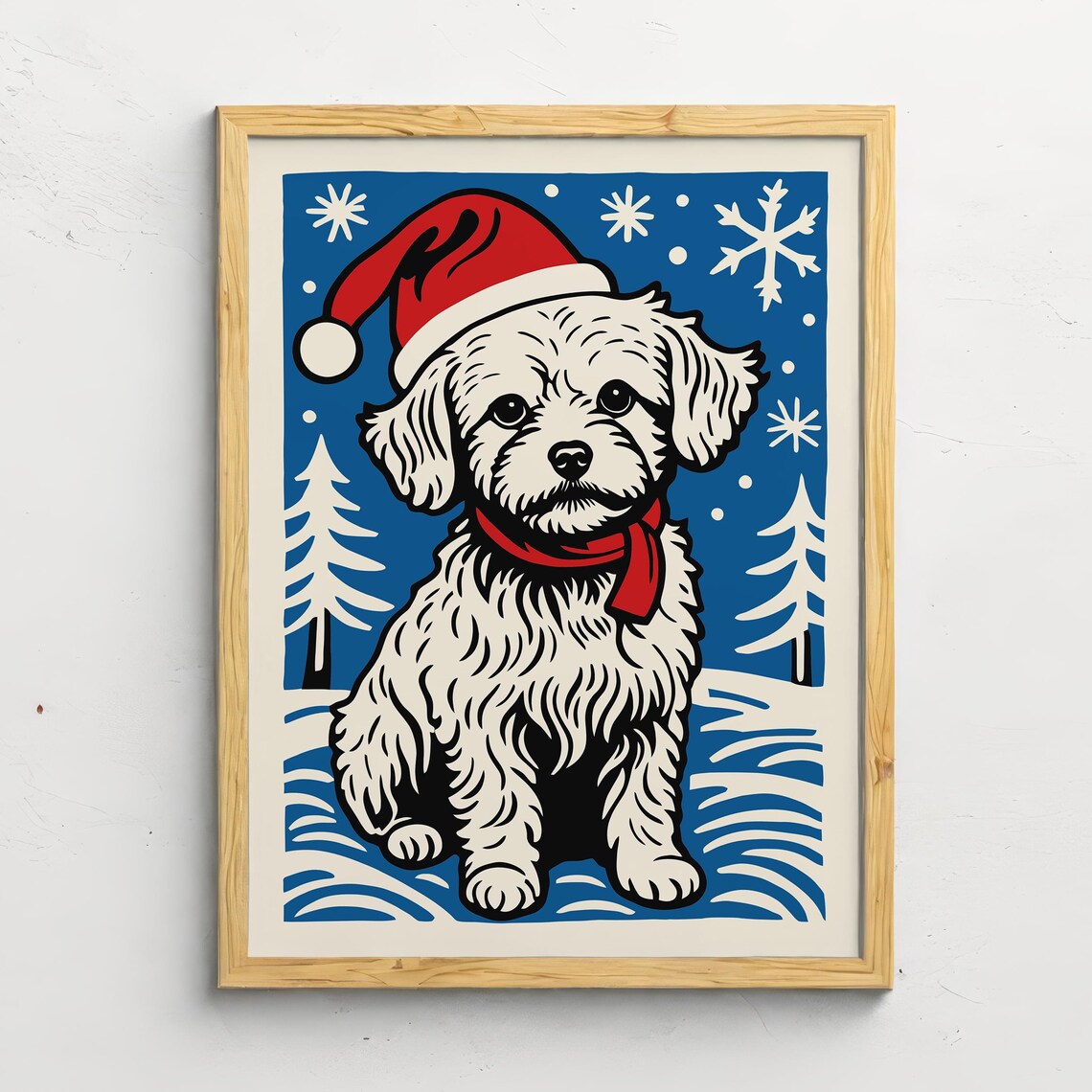 Cute Maltese Puppy in Santa Hat Snowy Blue Christmas Scene Poster