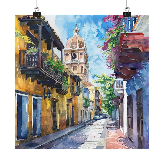Cartagena Walled City Colonial Street Cathedral Watercolor Travel Poster