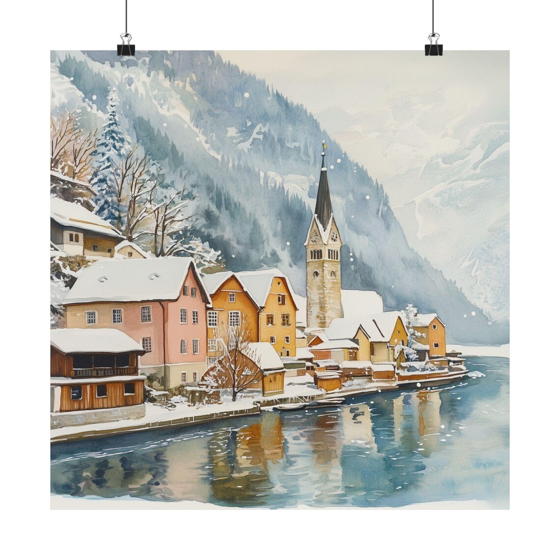 Hallstatt Austria Snowy Village Watercolor Church Lake Travel Poster