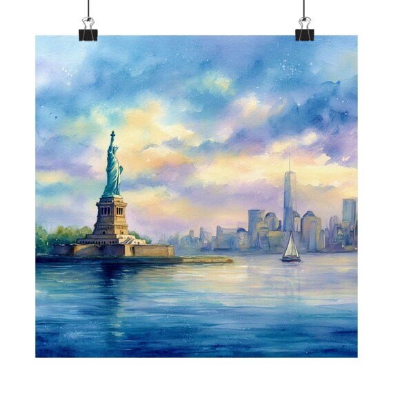Statue Of Liberty Sunset Watercolor New York City Travel Poster