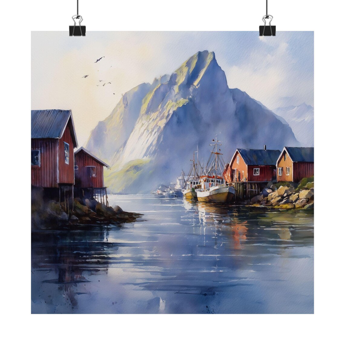 Lofoten Norway Watercolor Fishing Harbor With Red Cabins Poster