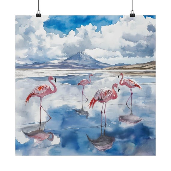 Bolivia Watercolor Painting Pink Flamingos Salar De Uyuni Art Poster