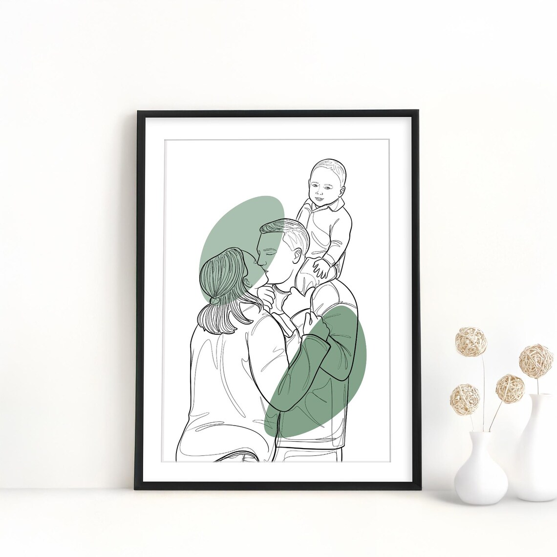 Family of Three Line Art Sage Green Abstract Portrait Poster