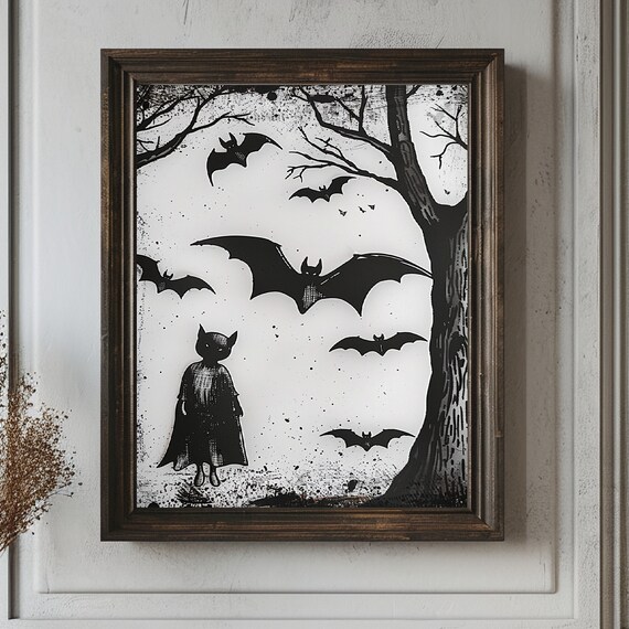Gothic Black And White Cat Child With Bats Spooky Night Poster