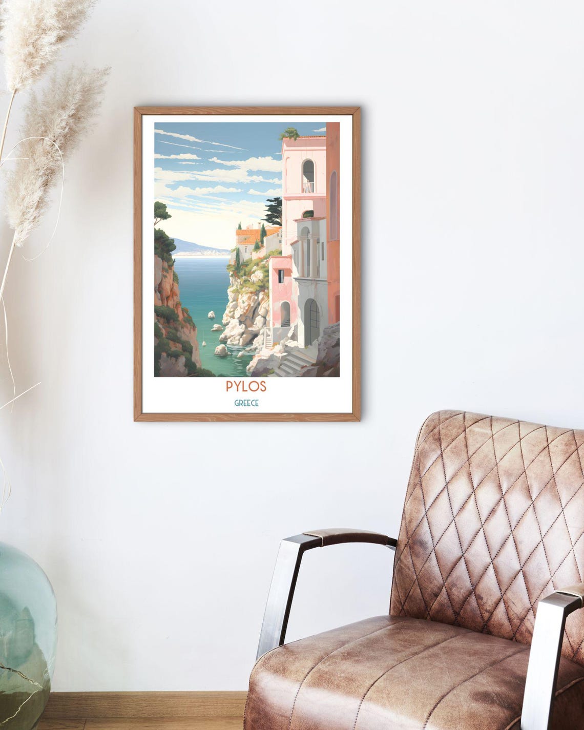 Pylos Greece Pastel Cliffside Buildings Over Turquoise Cove Art Print - Image 2