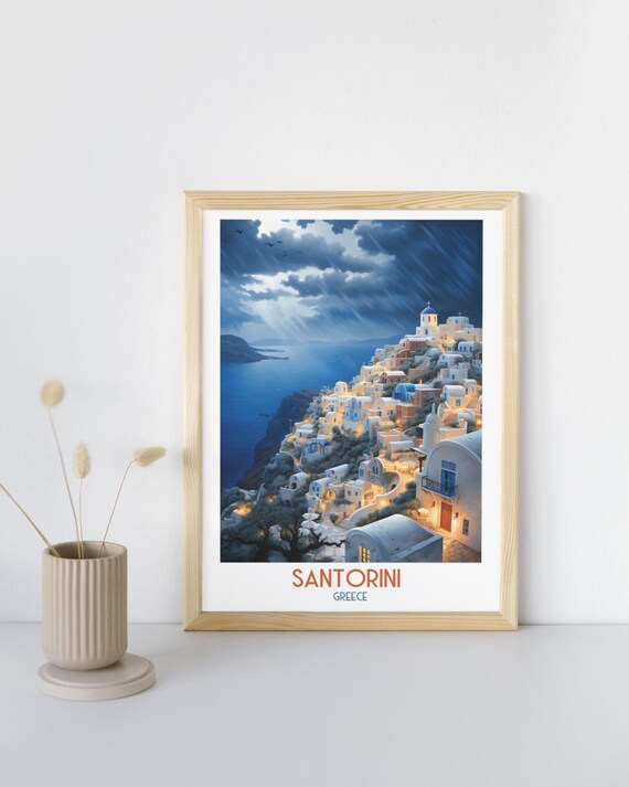 Santorini Greece Night Illuminated Cliffside Village Moonlit Sea Poster