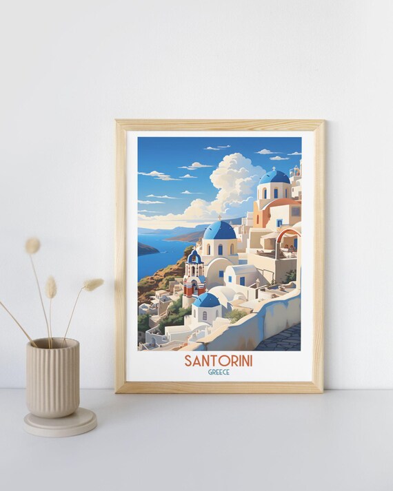 Santorini Greece Blue Domes Whitewashed Village Aegean View Travel Poster
